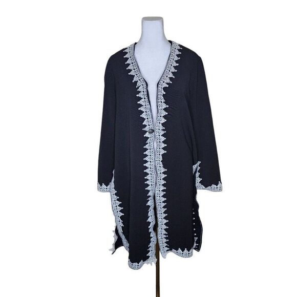 Vintage 80s Long Sleeve Duster Jacket Embroidered Lace Womens Size M Black - Picture 1 of 7
